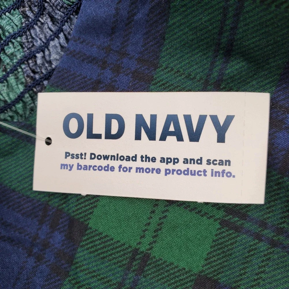 Old Navy Womens XL Blue Green Plaid Puff Sleeve Peplum Smocked Top 100% Cotton